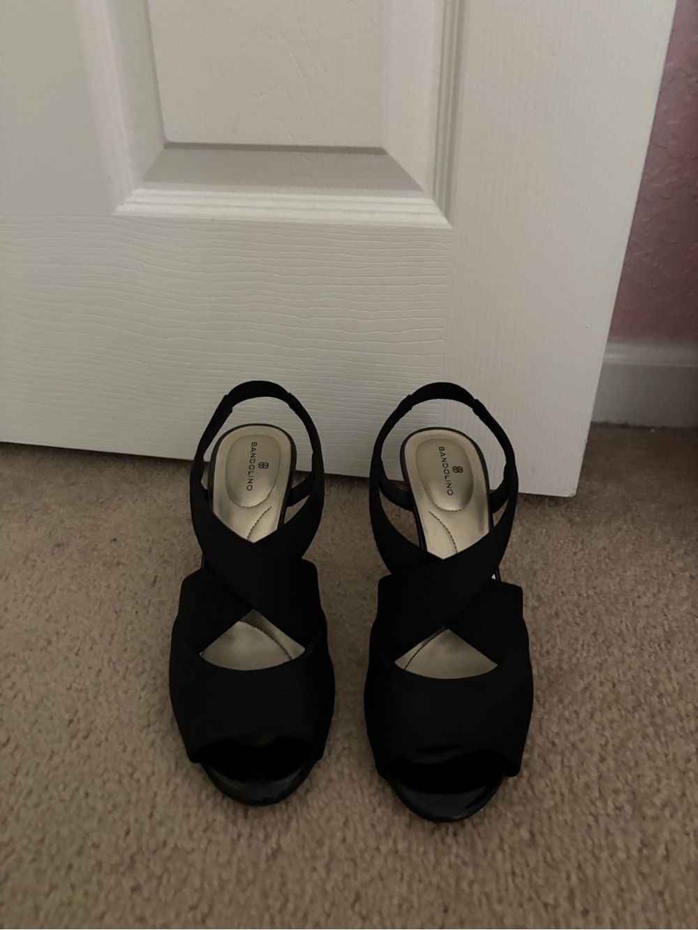 Bandolino Black Crisscross Peep-Toe Slingback Wedges